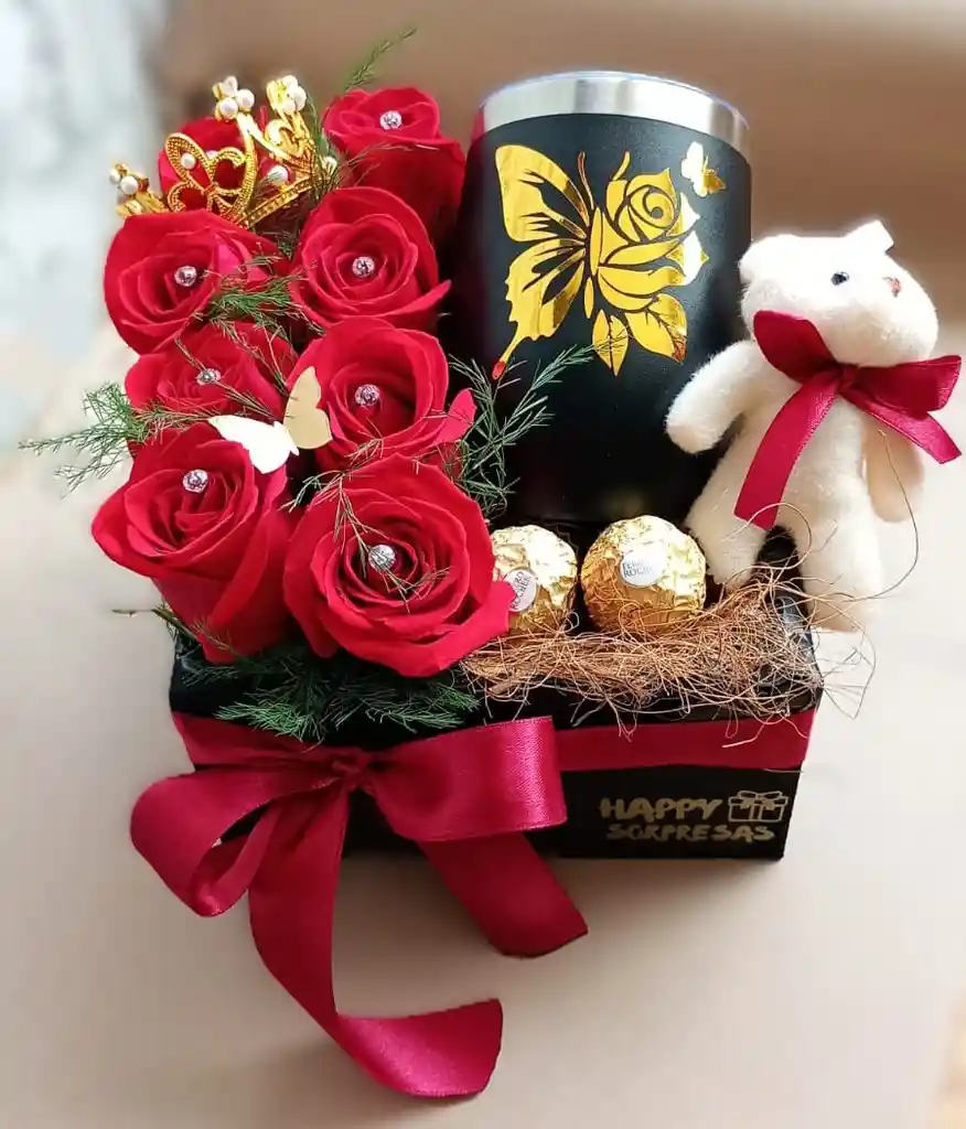 Ancheta Con Vaso Termico Negro Y Rosas