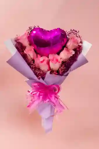 Bouquet Coreano Rosas Rosadas Y Globo