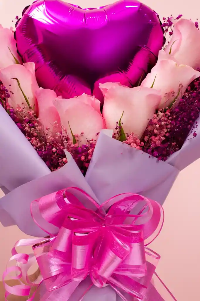 Bouquet Coreano Rosas Rosadas Y Globo