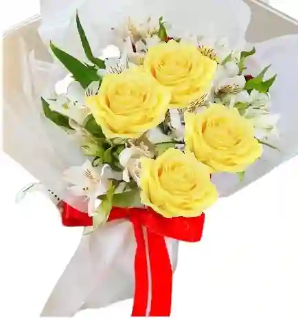 Bouquet De 4 Rosas Amarillas Y Astromelias