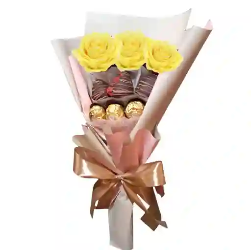 Bouquet De 3 Rosas Amarillas, Fresas Y Ferrero