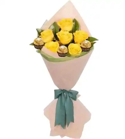 Ramo O Bouquet Redondo De 6 Rosas Amarillas Y Chocolates