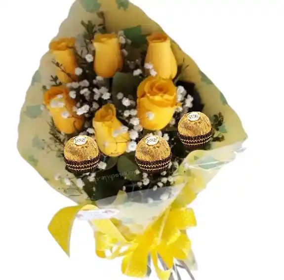 Flores Bogota - Bouquet Alargado De 6 Rosas Amarillas Y 3 Chocolates