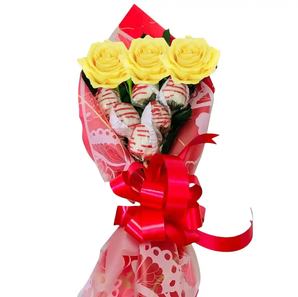 Mini Bouquet De Rosas Amarillas Y Fresas Con Chocolate