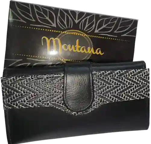 Billetera En Cuero Para Dama - Montana, Color Negro, Con Compartimientos, Broche De Seguridad.