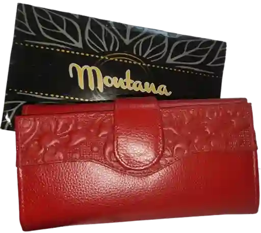 Billetera En Cuero Para Dama - Montana, Color Rojo, Con Compartimientos, Broche De Seguridad.