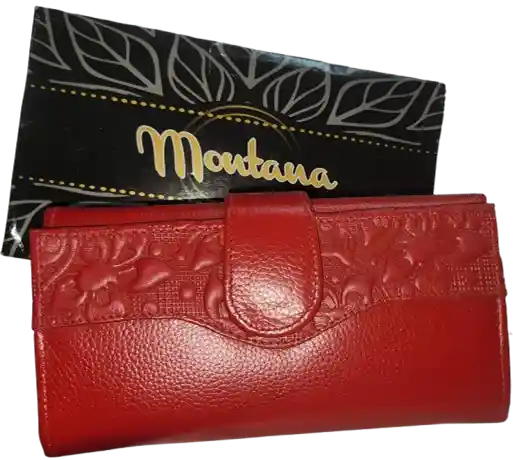 Billetera En Cuero Para Dama - Montana, Color Rojo, Con Compartimientos, Broche De Seguridad.