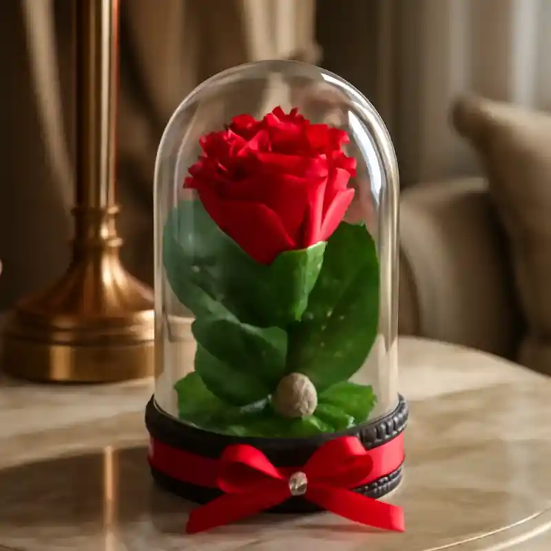 Rosa Roja Artificial Decorativa En Cúpula Acrílica