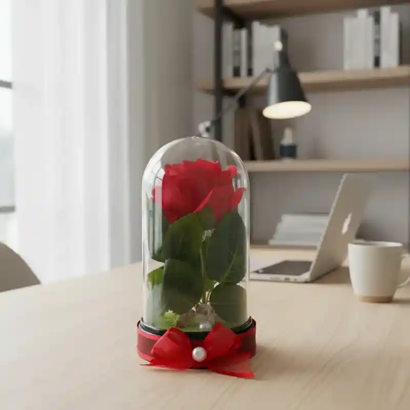 Rosa Roja Artificial Decorativa En Cúpula Acrílica
