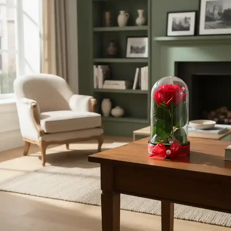 Rosa Roja Artificial Decorativa En Cúpula Acrílica