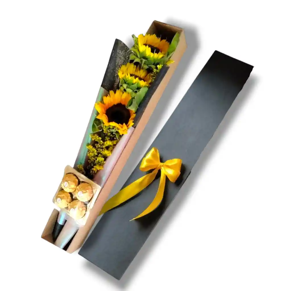 Caja De 3 Girasoles Y Chocolates