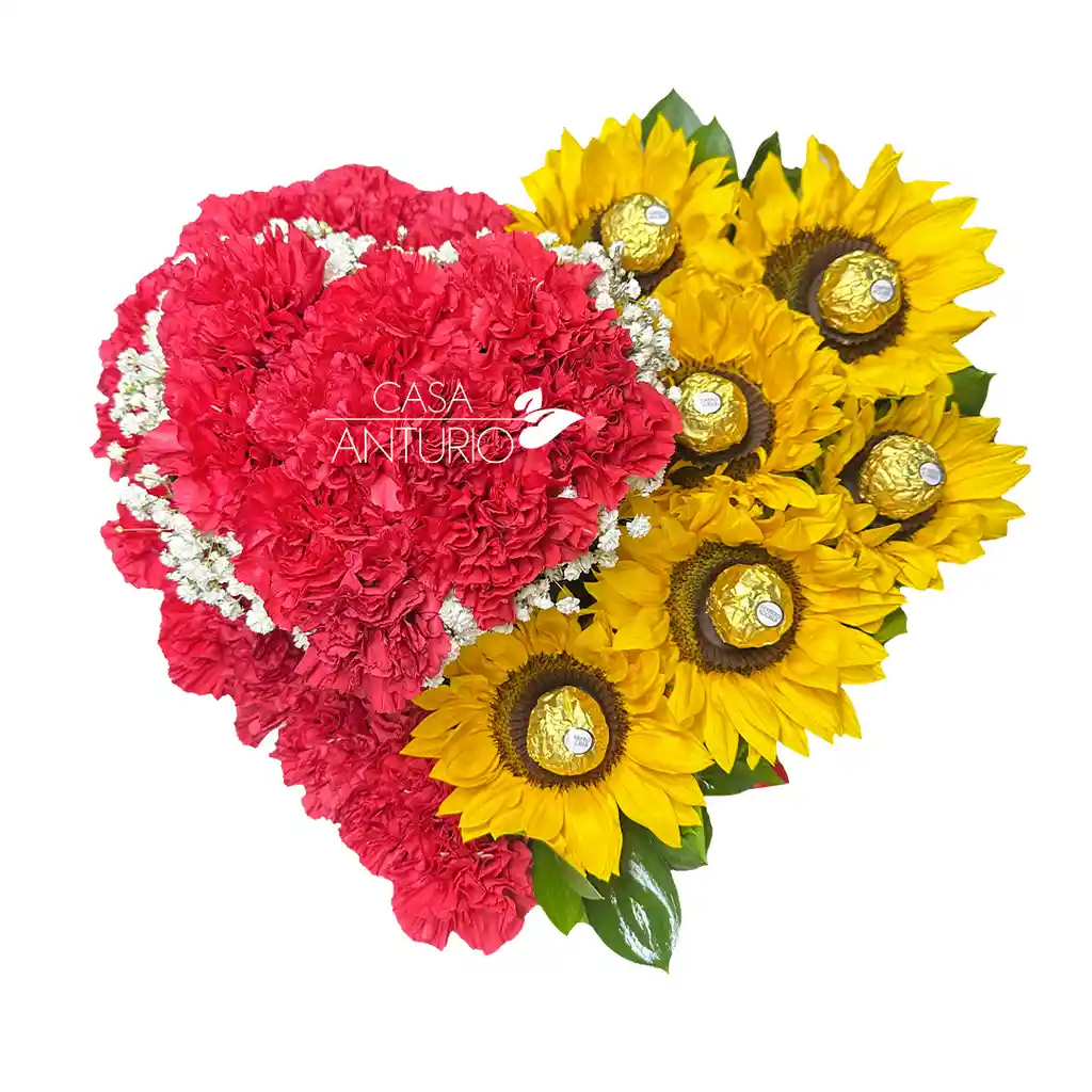 Corazón De Claveles, Girasoles, Perlas Y Chocolates