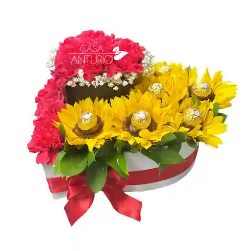Corazón De Claveles, Girasoles, Perlas Y Chocolates