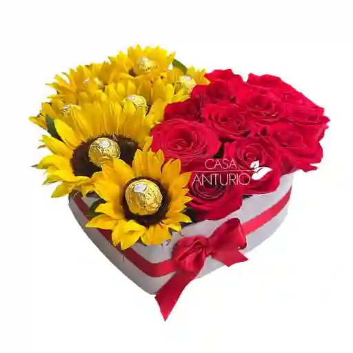 Corazón De Rosas Y Girasoles Con Chocolates