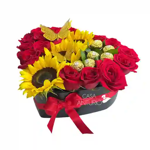 Corazón De Rosas, Girasoles, Chocolates Y Mariposas Decorativas