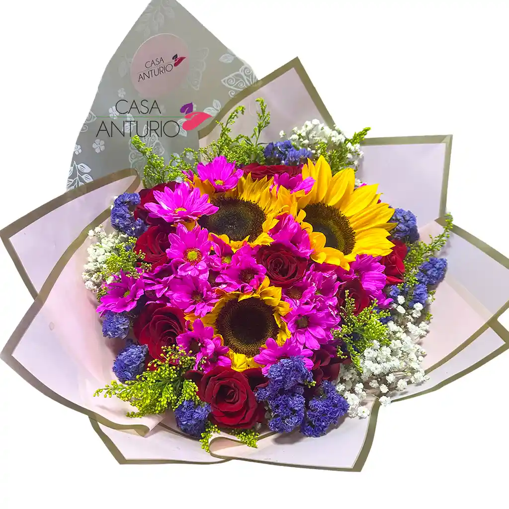 Bouquet De Rosas, Margaritas, Girasoles Y Follajes