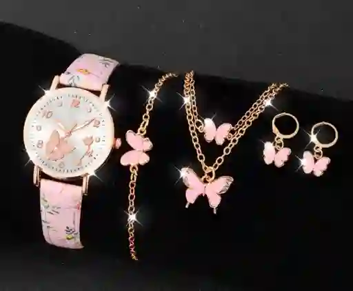 Set Reloj Para Mujer Corazones Rosa Con Collar Aretes Reloj