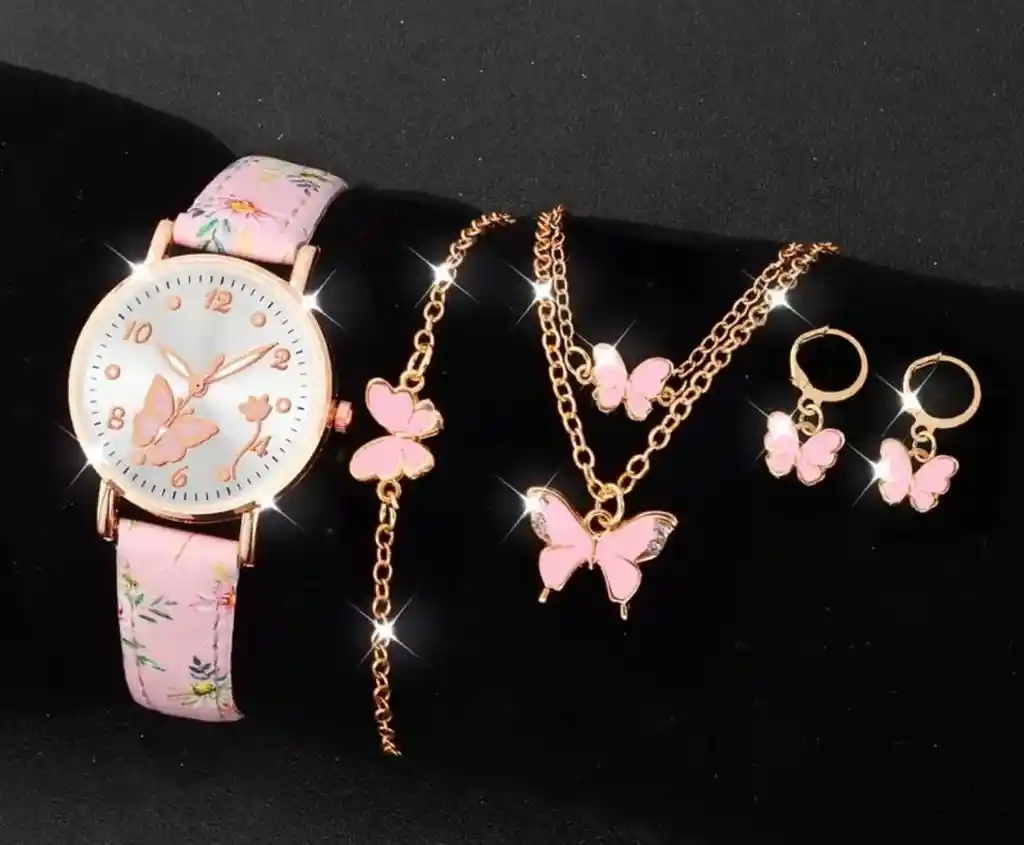 Set Reloj Para Mujer Corazones Rosa Con Collar Aretes Reloj