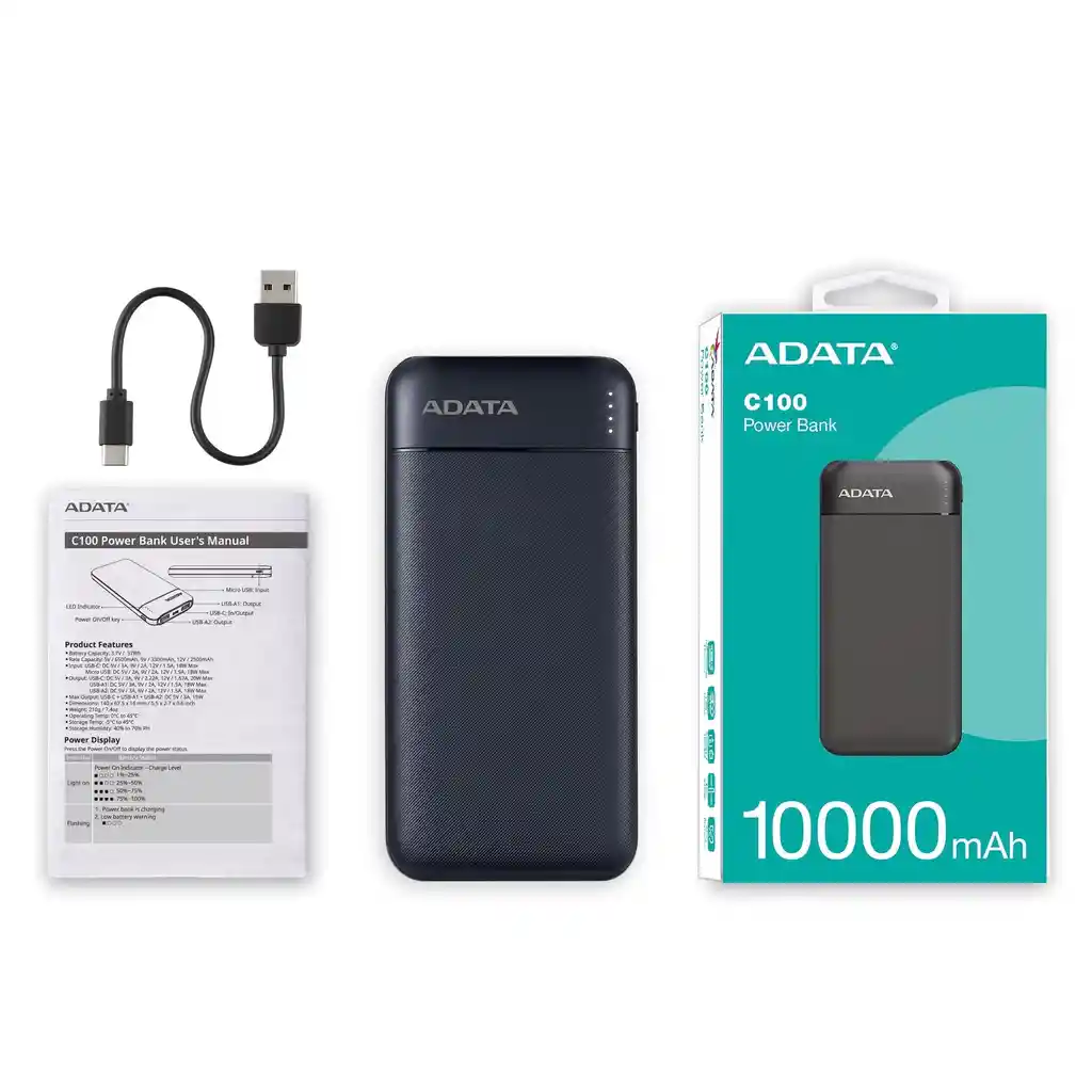 Bateria Cargador Portatil Adata Pc100 10.000 Mah 20w 3 Dispositivos Negro