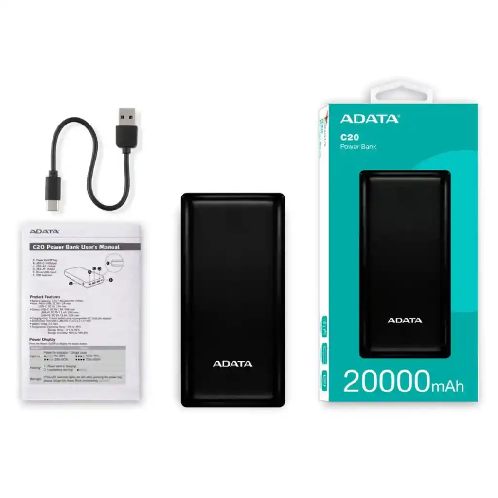 Cargador Bateria Portatil Adata Pbc20 20.000 Mah Usb Tipo A Y C Negro