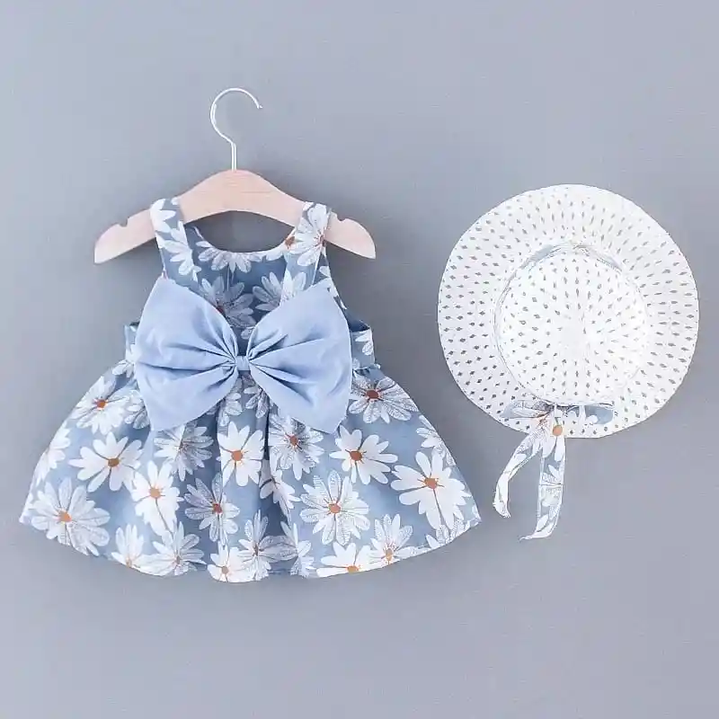 Vestido Floreado Para Bebe Niña 2 Piezas Sombrero Azul 9-12m