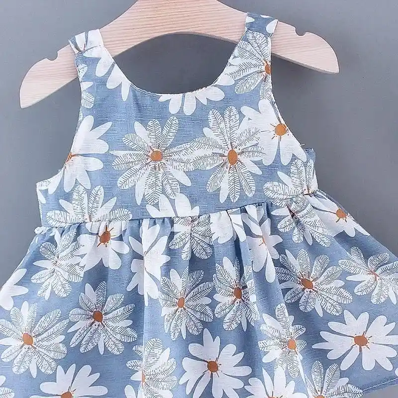 Vestido Floreado Para Bebe Niña 2 Piezas Sombrero Azul 9-12m