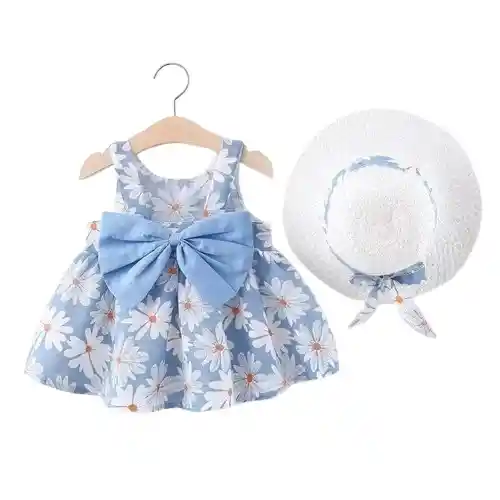 Vestido Floreado Para Bebe Niña 2 Piezas Sombrero Azul 9-12m