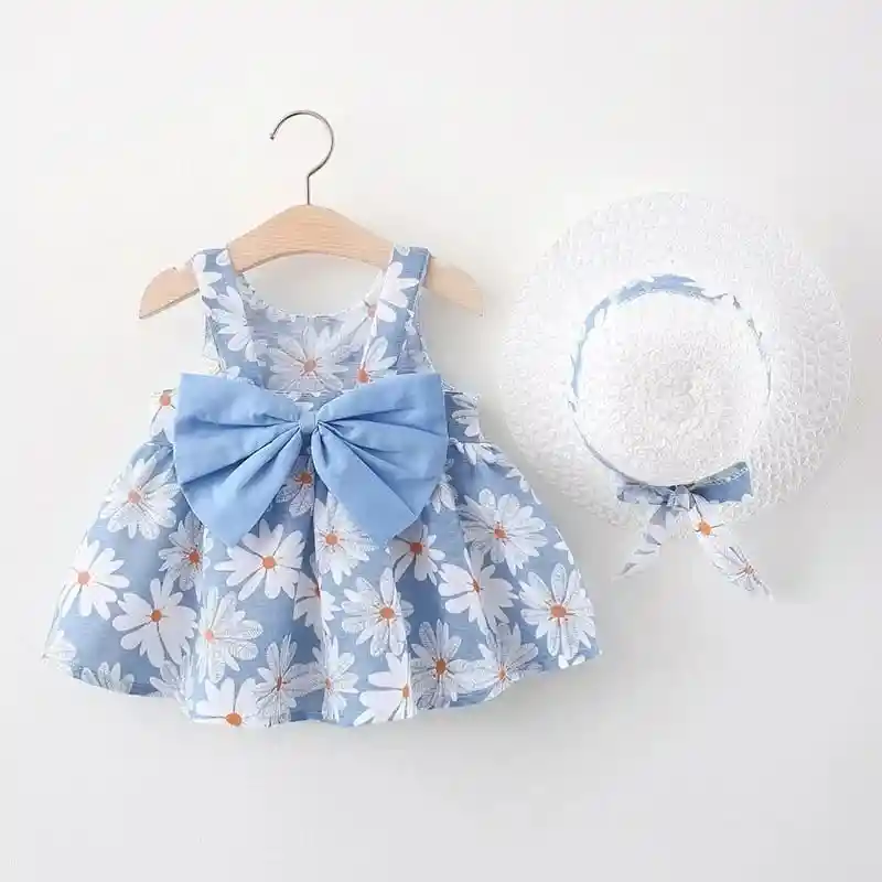 Vestido Floreado Para Bebe Niña 2 Piezas Sombrero Azul 9-12m