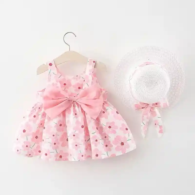 Vestido Floreado Para Bebe Niña 2 Piezas Sombrero Rosa 18-24 M