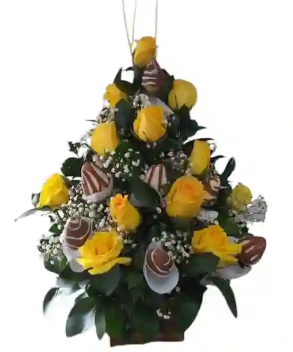 Arreglo De 7 Fresas Con Chocolate Y 9 Rosas Amarillas