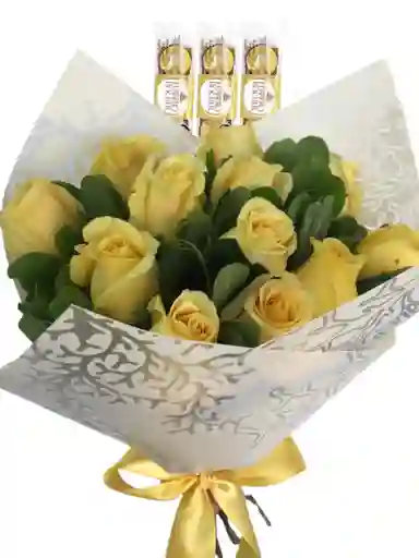Ramo Redondo De 12 Rosas Amarillas Con Ferrero Rocher