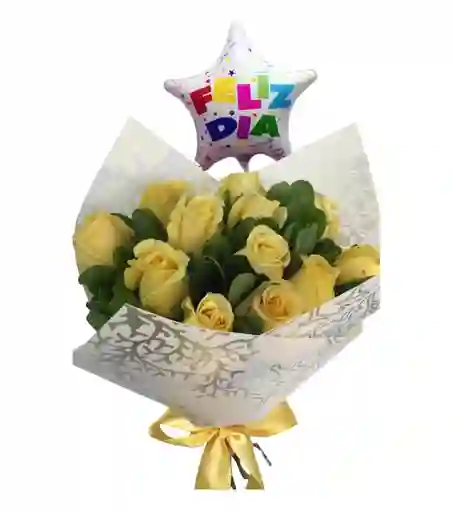 Bouquet Redondo De 18 Rosas Amarillas Y Globo
