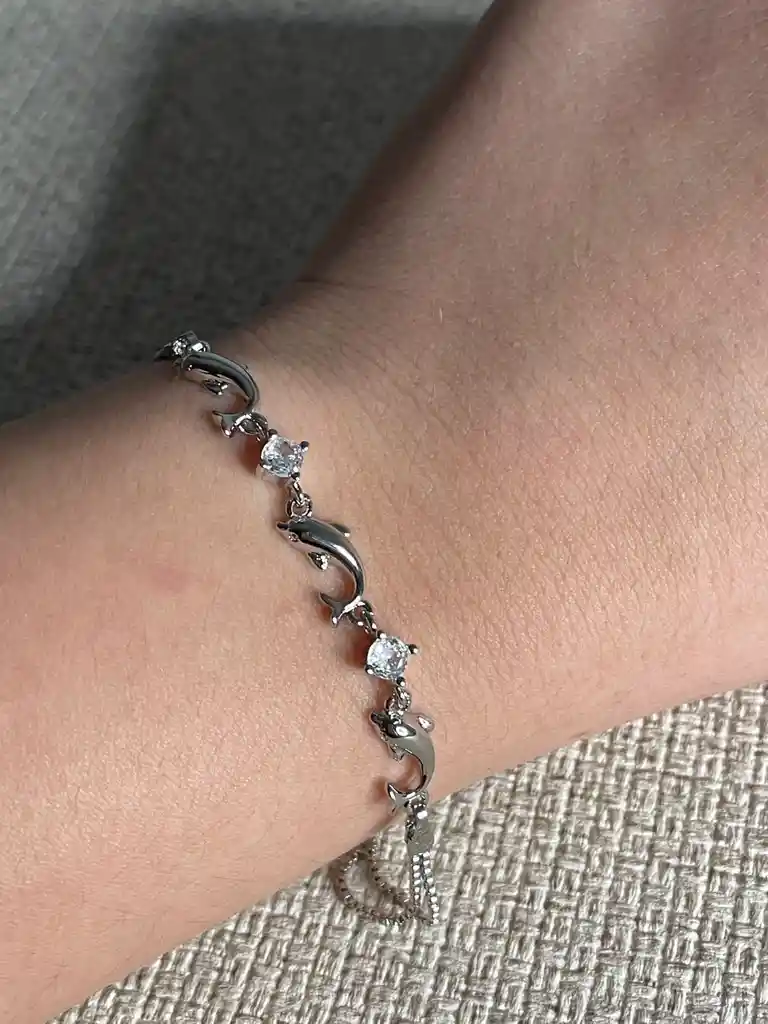 Pulsera Delfines En Rodio Y Circon Blanco