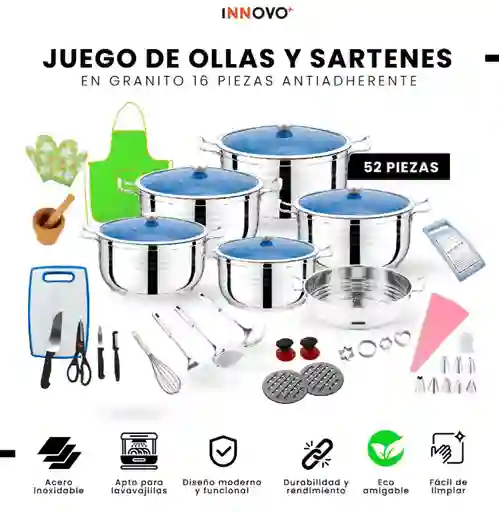 Juego De Ollas 52 Piezas Acero Quirúrgico Cocina Completa Madena Innovo