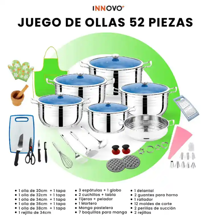 Juego De Ollas 52 Piezas Acero Quirúrgico Cocina Completa Madena Innovo