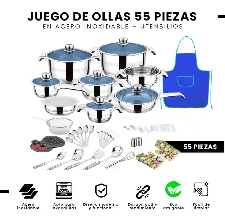 Juego De Ollas Y Sartenes 55 Piezas Acero Quirúrgico Inoxidable Premium Cook Ware