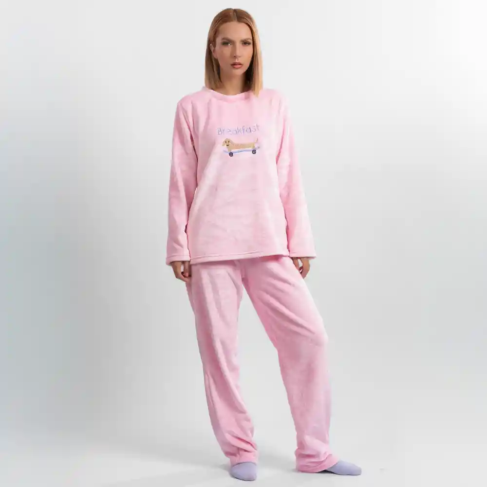 Pijama Térmica Bordada De Perro Salchicha. Talla Xl Rosado