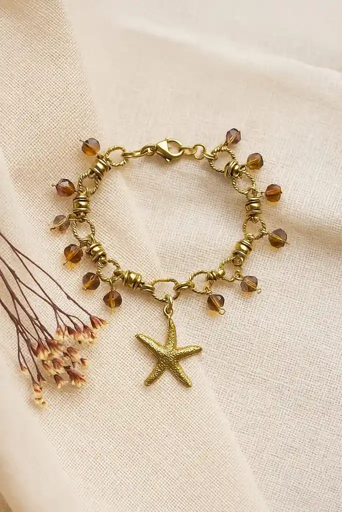 Pulsera Piedras Murano Cafe Dije Estrella De Mar