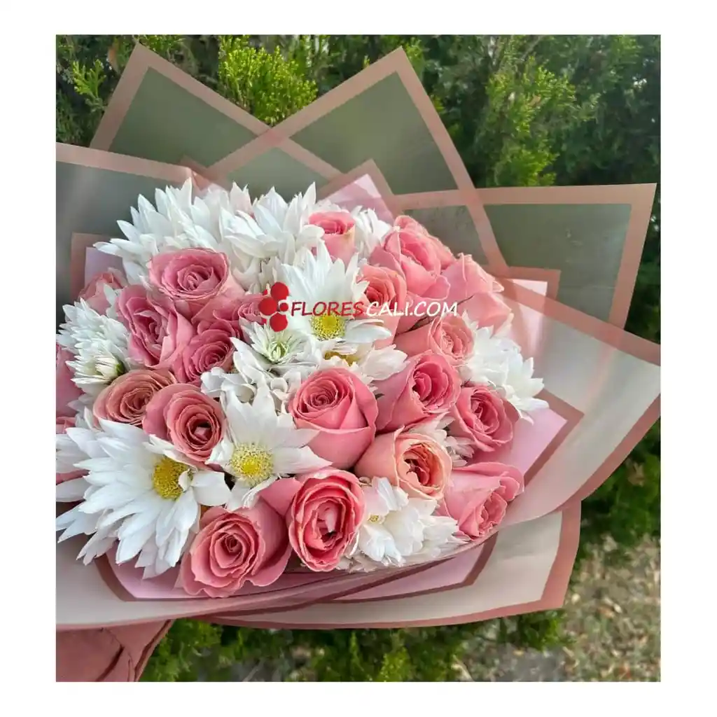 Bouquet Rosas Rosadas Y Margarita Blanca