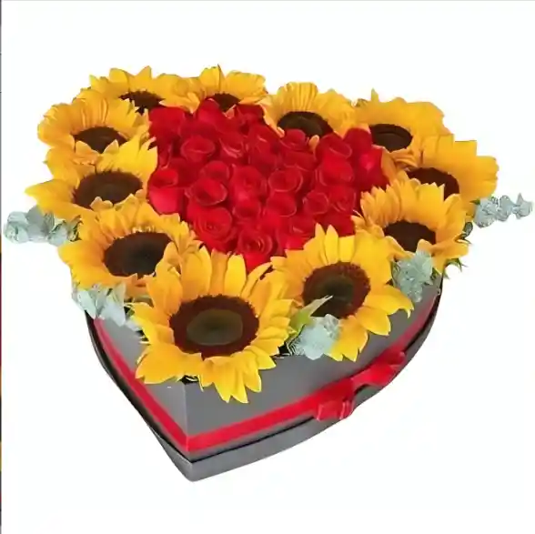 Rosas Y Girasoles En Caja De Corazón