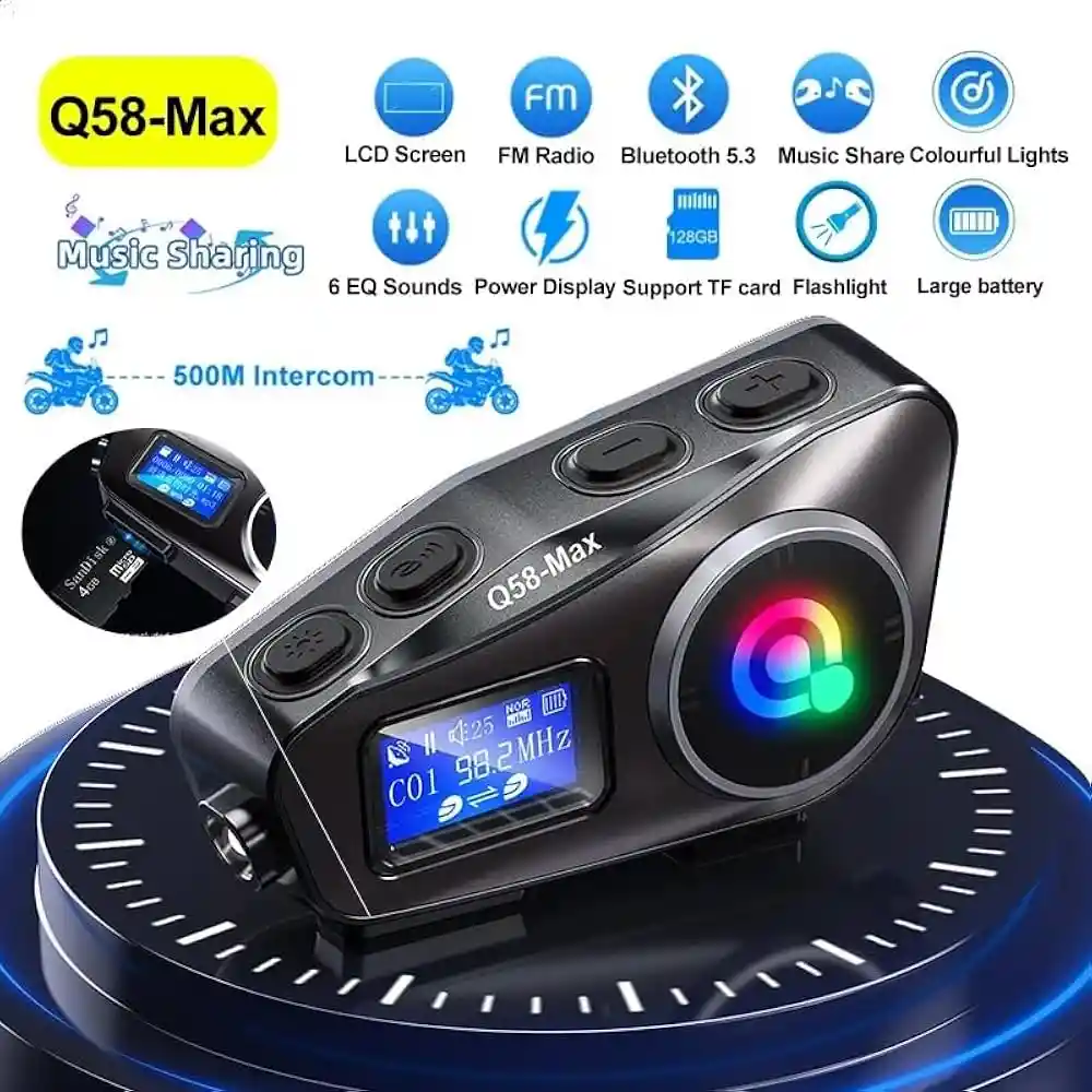 Intercomunicador Bluetooth Q58 Max Moto Pantalla Lcd, Radio Fm, Mp3, Ipx65