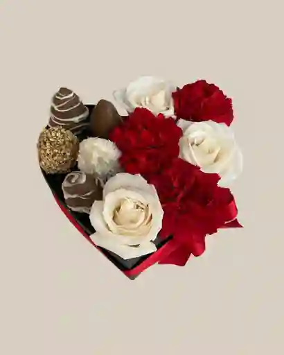 Corazon Petit Mitad Claveles Y Rosas Y 5 Fresas Con Chocolate. Detalle Amor Y Amistad
