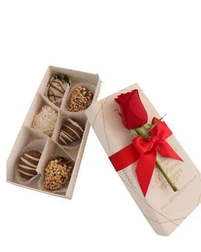 Fresas Con Chocolate X 6 En Caja Marmolizada Y 1 Rosa. Detalle Económico Amor Y Amistad