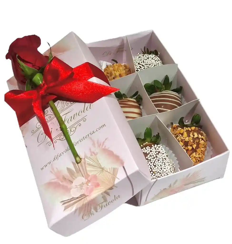 Cajita Rosada X 6 Fresas Con Chocolate, Toppings Y 1 Rosa Amor Y Amistad