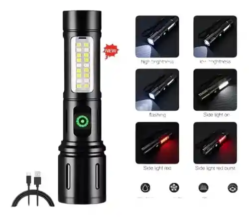 Linterna Recargable 14 Led – 5w, 1200mah Con 6 Modos De Luz Y Cob Lateral