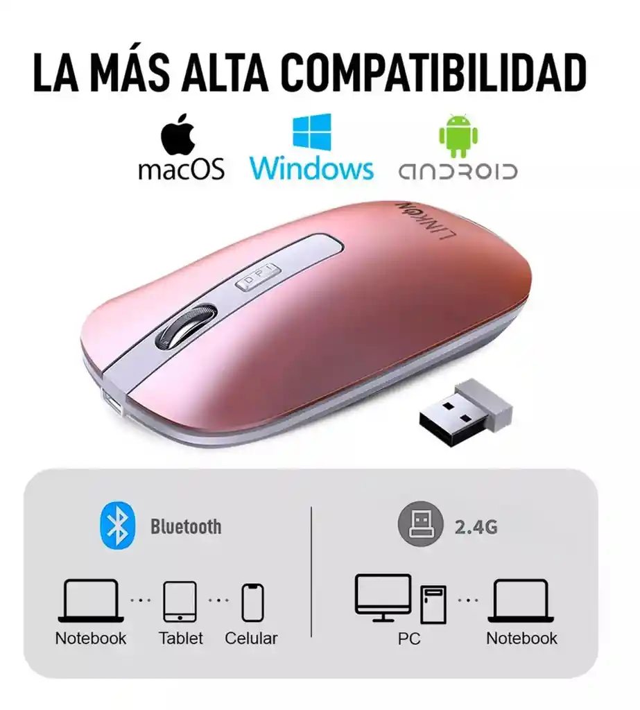 Mouse Inalambrico Dual Usb Y Bluetooth Recargable, Ipad , Pc, Android Y Iphone