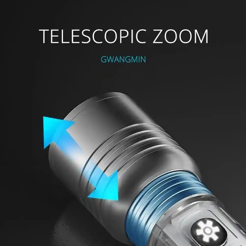 Linterna Recargable Usb Transparente 5w – 500mah Con Zoom, Imán Y 8 Modos De Luz