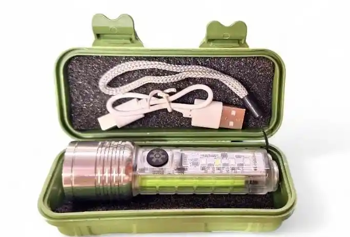 Linterna Recargable Usb Transparente 5w – 500mah Con Zoom, Imán Y 8 Modos De Luz