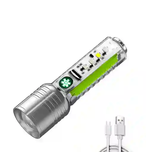 Linterna Recargable Usb Transparente 5w – 500mah Con Zoom, Imán Y 8 Modos De Luz