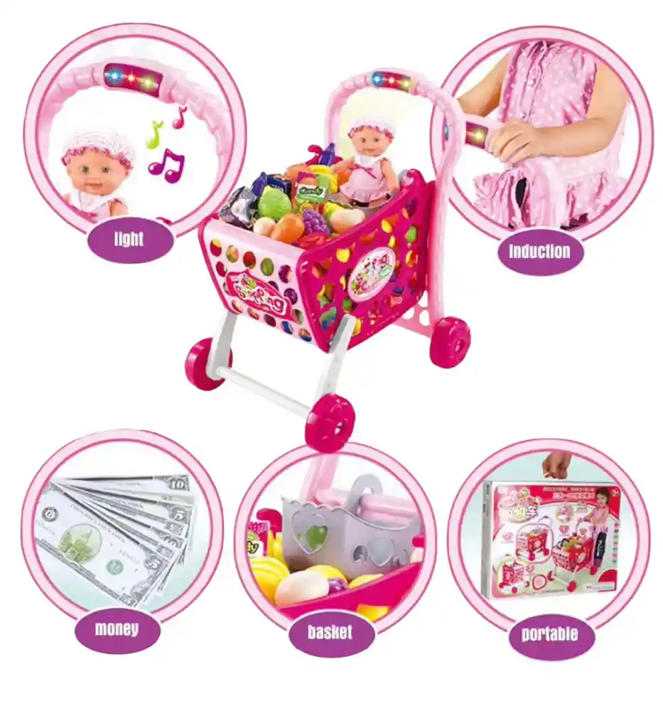 Carrito De Mercado Musical Con Luces Y 28 Accesorios Rosa